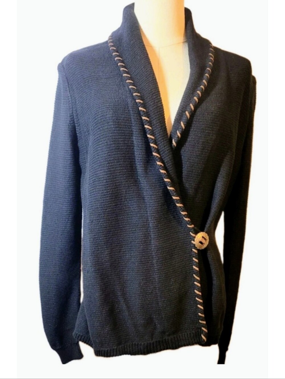 Ralph Lauren Cardigan Sweater Black Linen Blend Concho Closure Whipstitch Trim